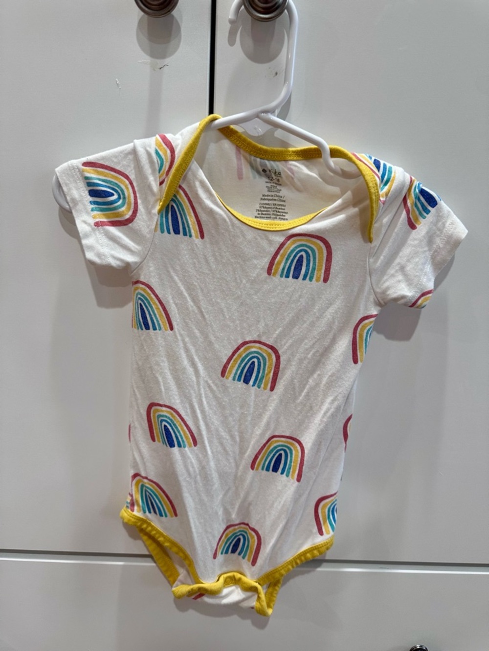 Kyte BABY White Rainbow Print Bodysuit with Yellow Trim